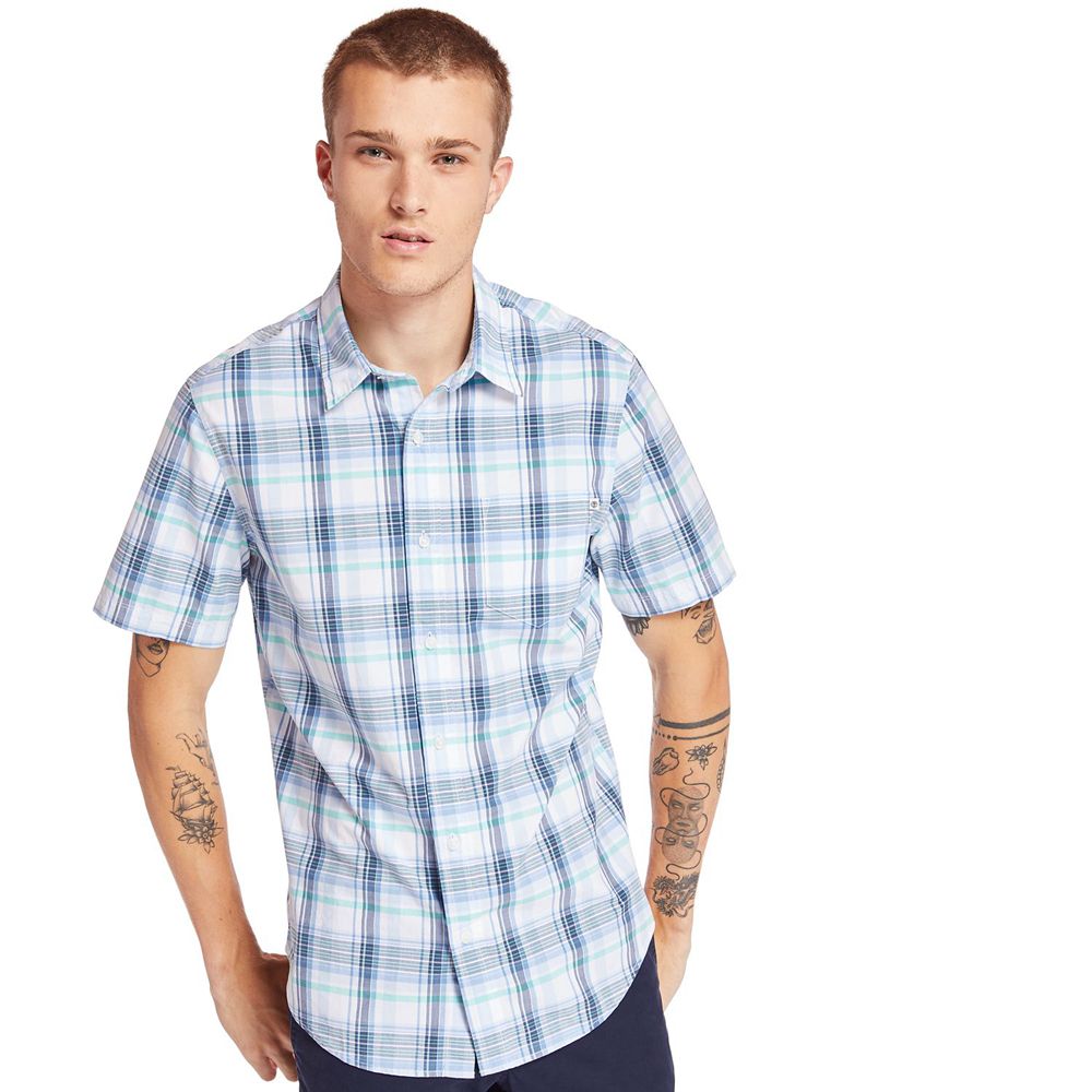 Timberland Mens Shirts Short-Sleeve Indian River Madras - Blue/White - India GB1862034